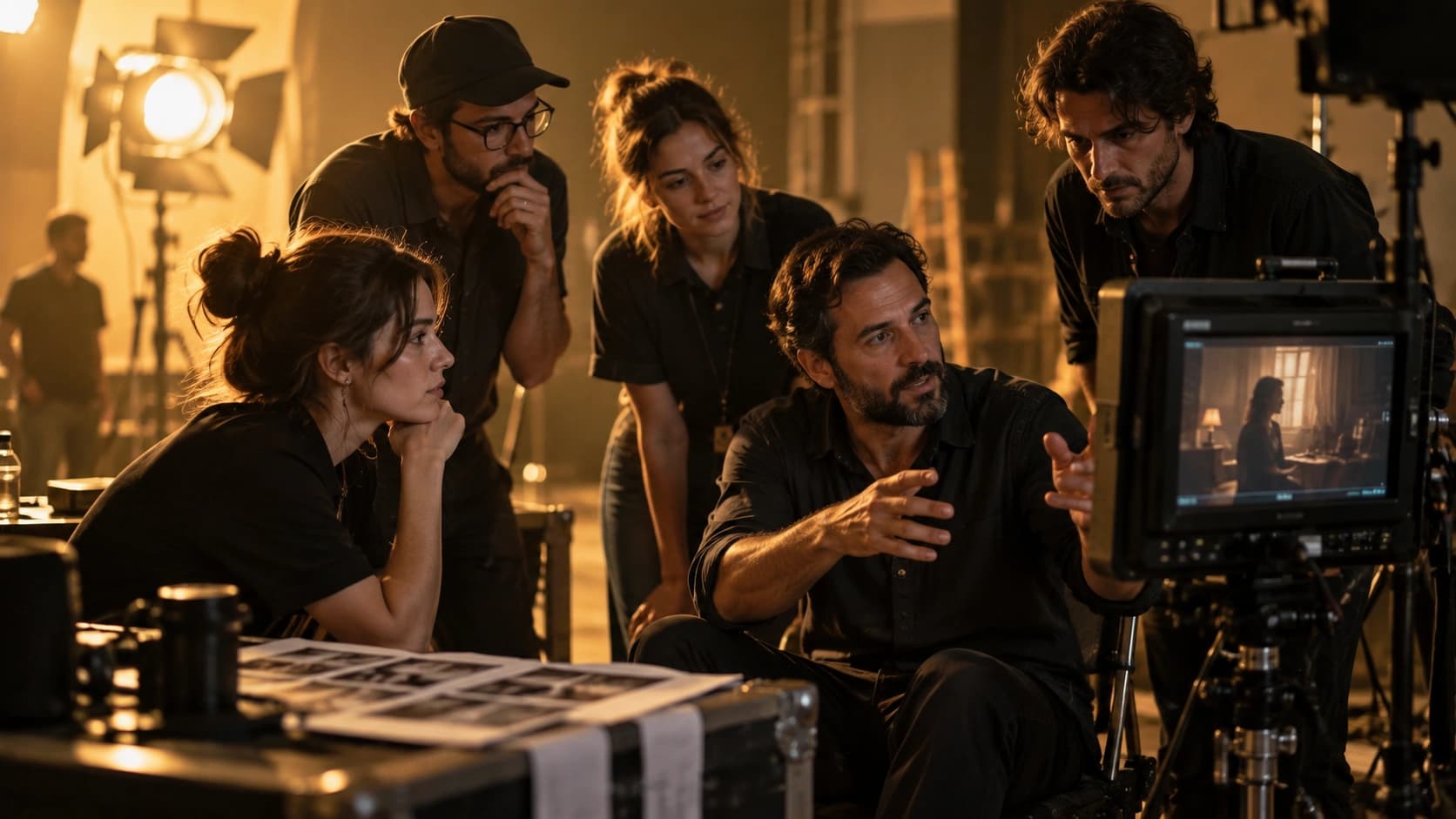 Filmmaking team reviewing a scene together on set