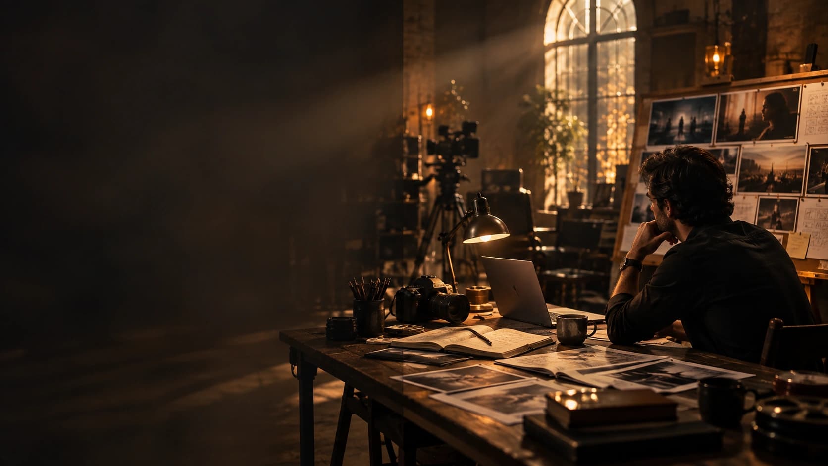 Filmmaker developing ideas and production stories in a cinematic workspace