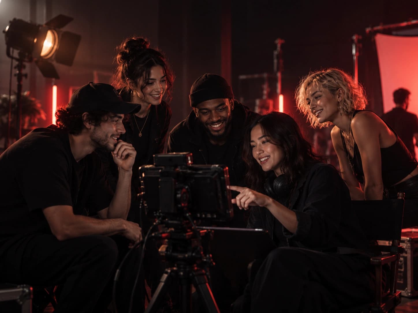 Creative filmmaking team reviewing a shot together on set