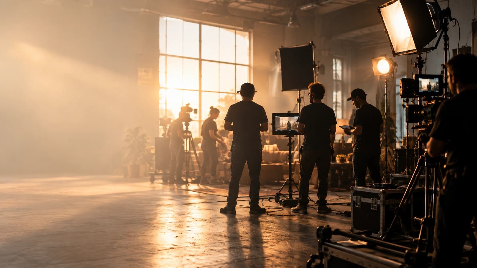 Film production crew working on a cinematic set