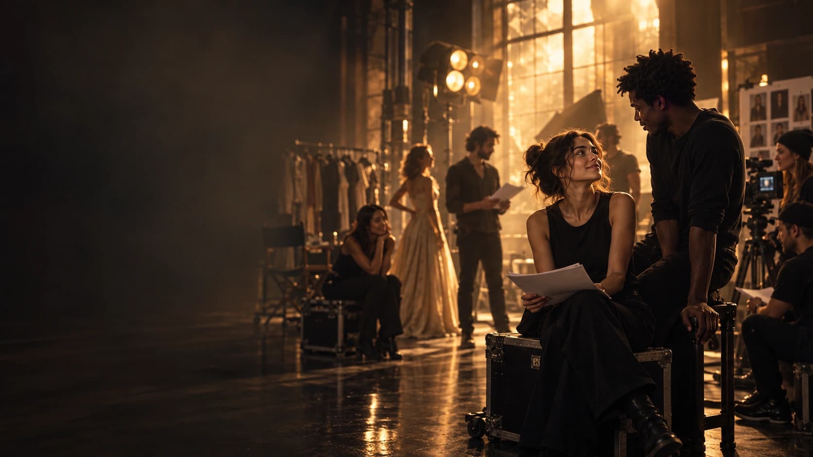 Creative talent and production professionals working together on set